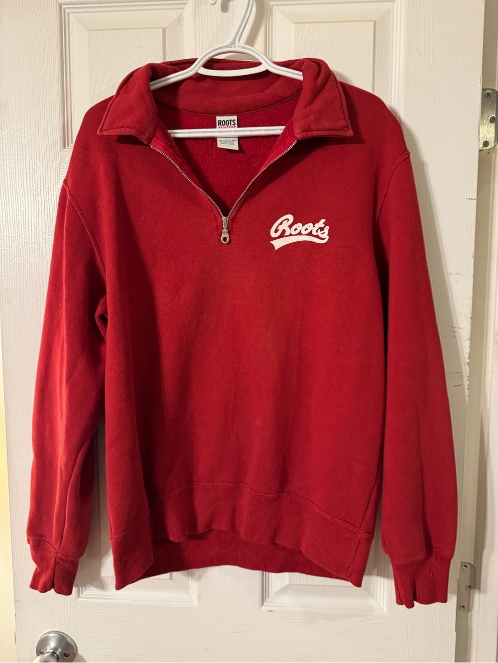 Roots Men's Red Half-Zip Sweatshirt with Script Logo